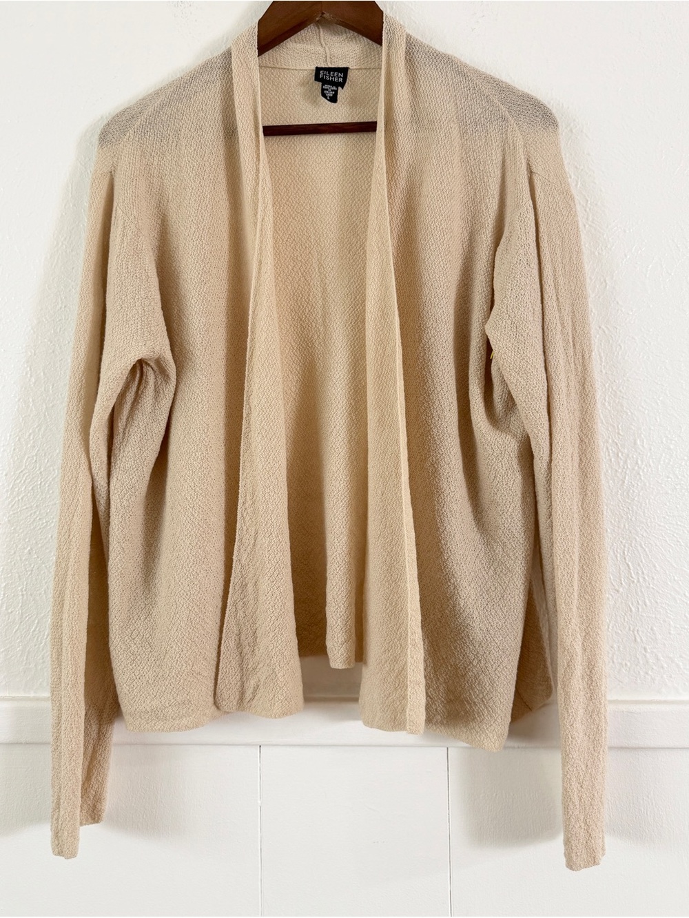 Eileen Fisher Cardigan Womens L 100% Wool Open Front Textured Knit Beige